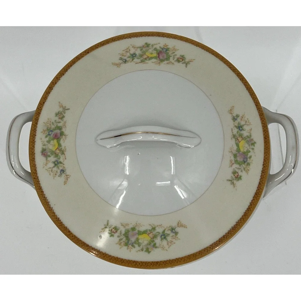 Vintage Round Serving Dish with Lid Floral Gold Detail‎ Handmade in Japan MCM